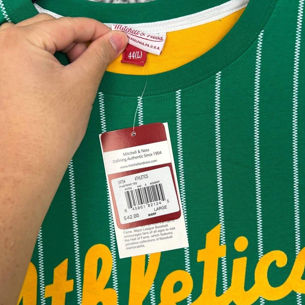 Oakland Athletics Shirt Men Green Large Pinstripes Mitchell & Ness Cotton New L‎